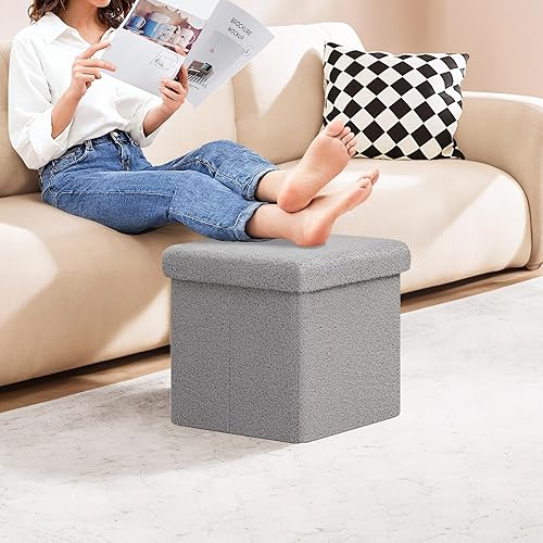 Miniatura 180 de PINPLUS Otomanas otomanas de almacenamiento con forma cuadrada con reposapiés de almacenamiento para sala de estar, asiento otomano Boucle para