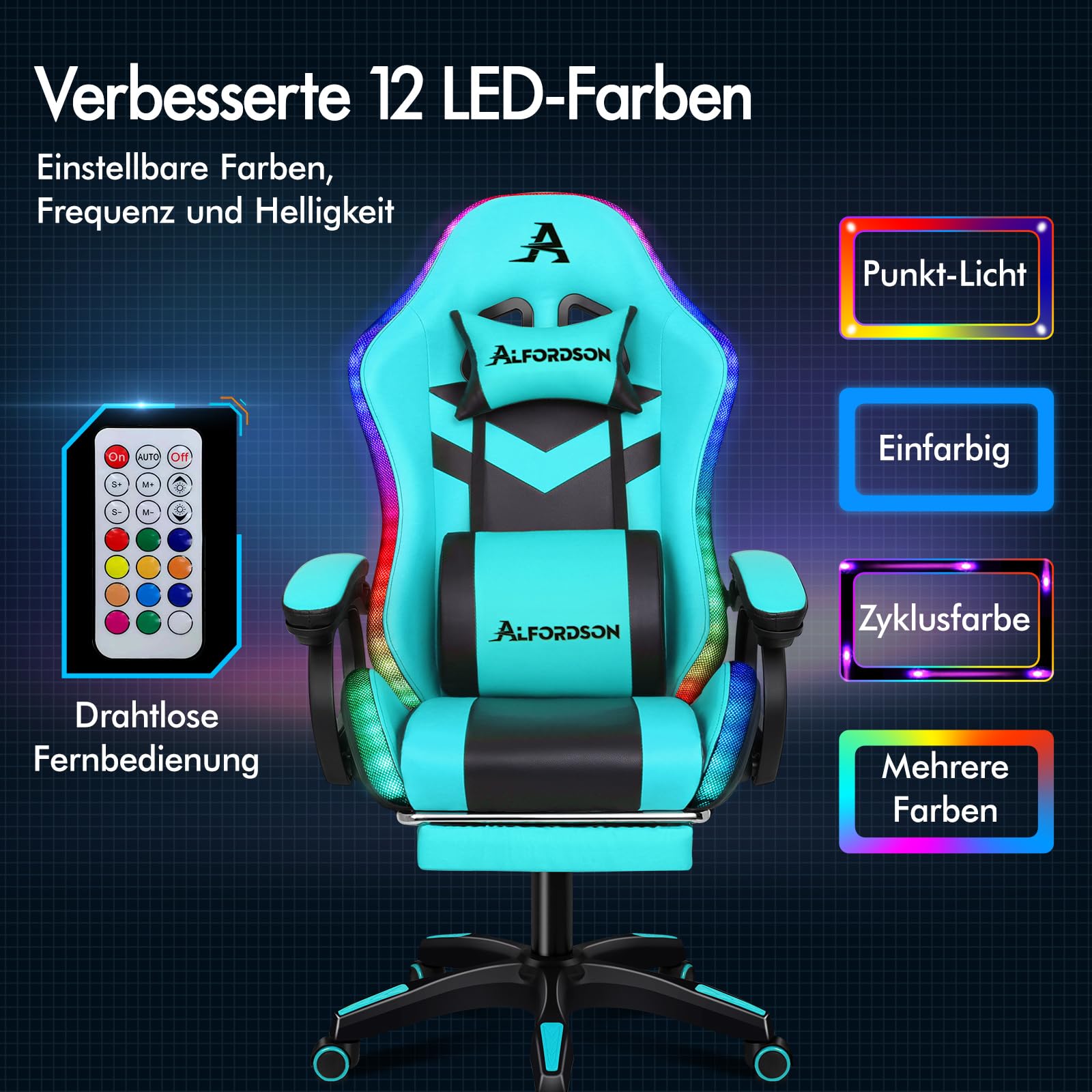 ALFORDSON Gamer-Stuhl Gamer Stühle RGB LED Racing PC-Gaming-Sessel Massage Bürostuhl ergonomisch Schreibtischstuhl Fußstützen, 90-150°Neigungswinkel,180 kg belastbar, Cyan