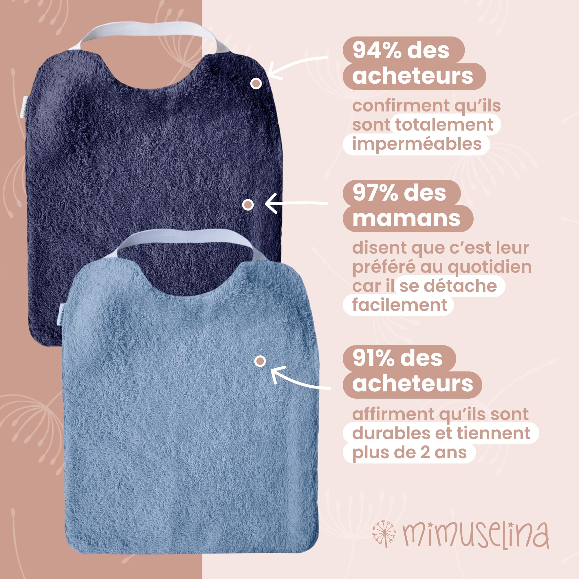 MIMUSELINA Lot de 5 Bavoirs Bebe Imperméables Réutilisables en Coton Premium avec Élastique au Cou | grand Bavoir Enfant BLW en Éponge Imperméable | Puericulture Bébé | Fabriqué à la Main en Espagne