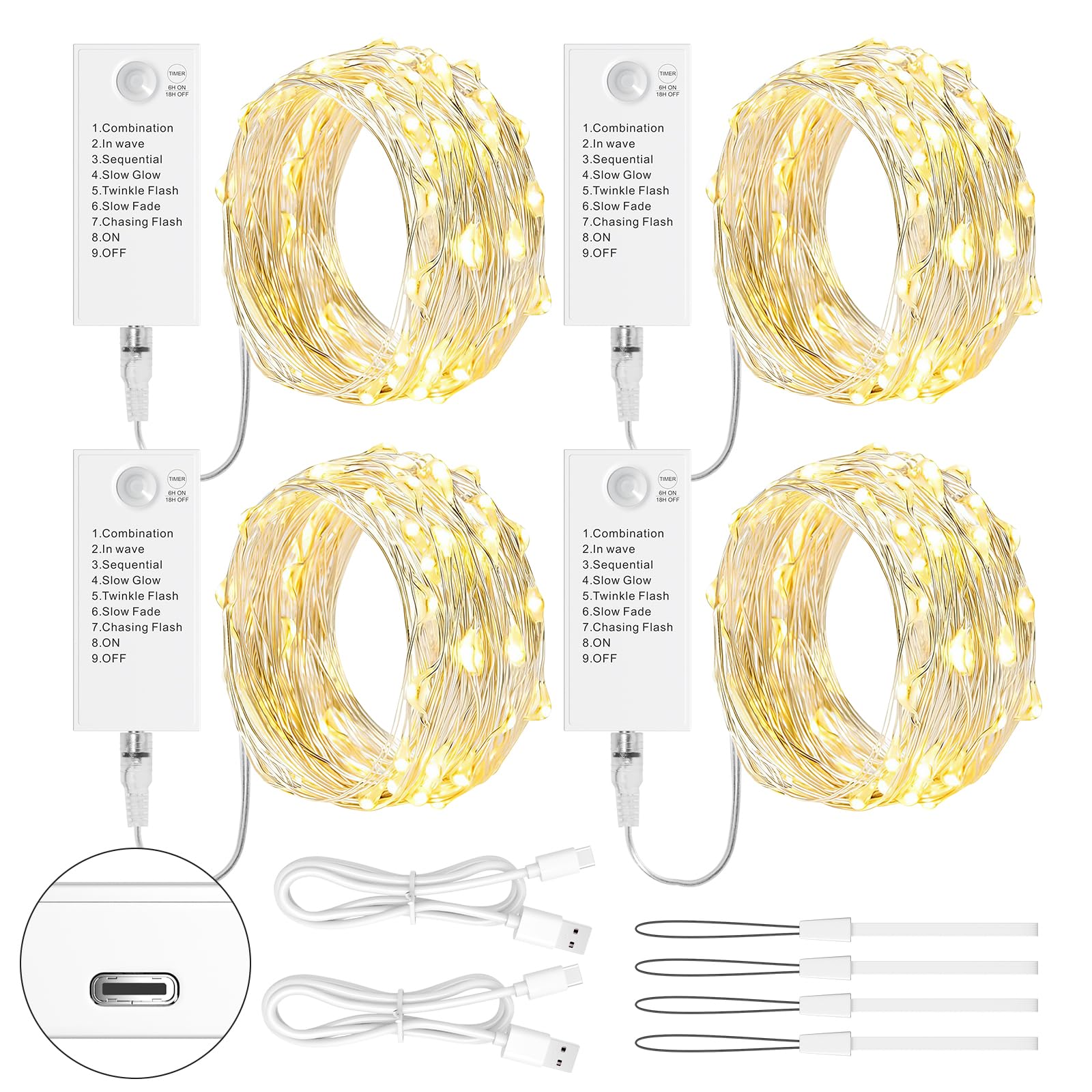 LED Fairy Lights 5 m with Rechargeable Battery Compartment, 50 LEDs, 8 Modes & Timer, Silver Wire Fairy Lights for Christmas, Wedding, Indoor Decoration, Party (Warm White, Pack of 4)