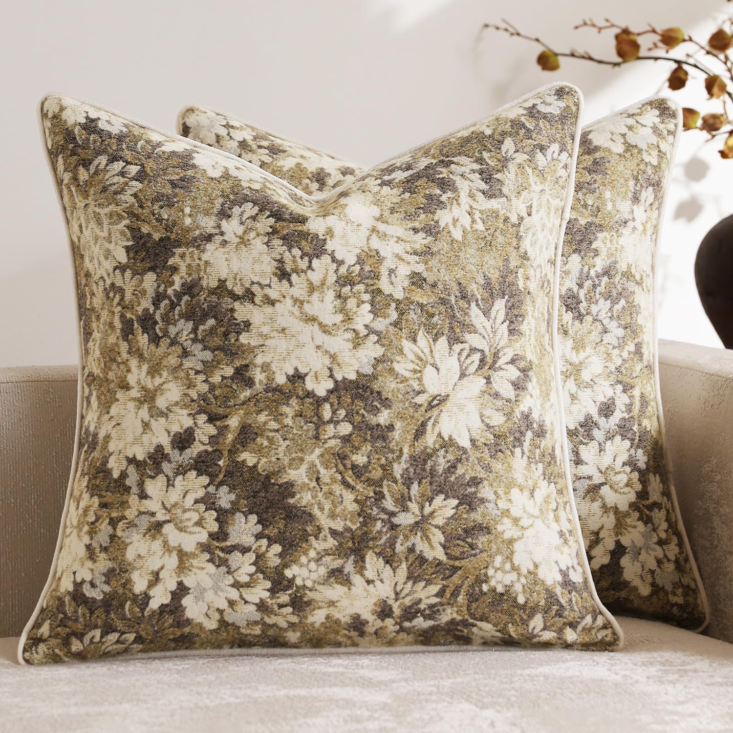 DEZENE Pack of 2 Vintage Floral Throw Pillow Covers 20x20 Boho Farmhouse Accents Chenille Square Decorative Pillow Cases for Living Room Couch Bed Home Decor, Beige