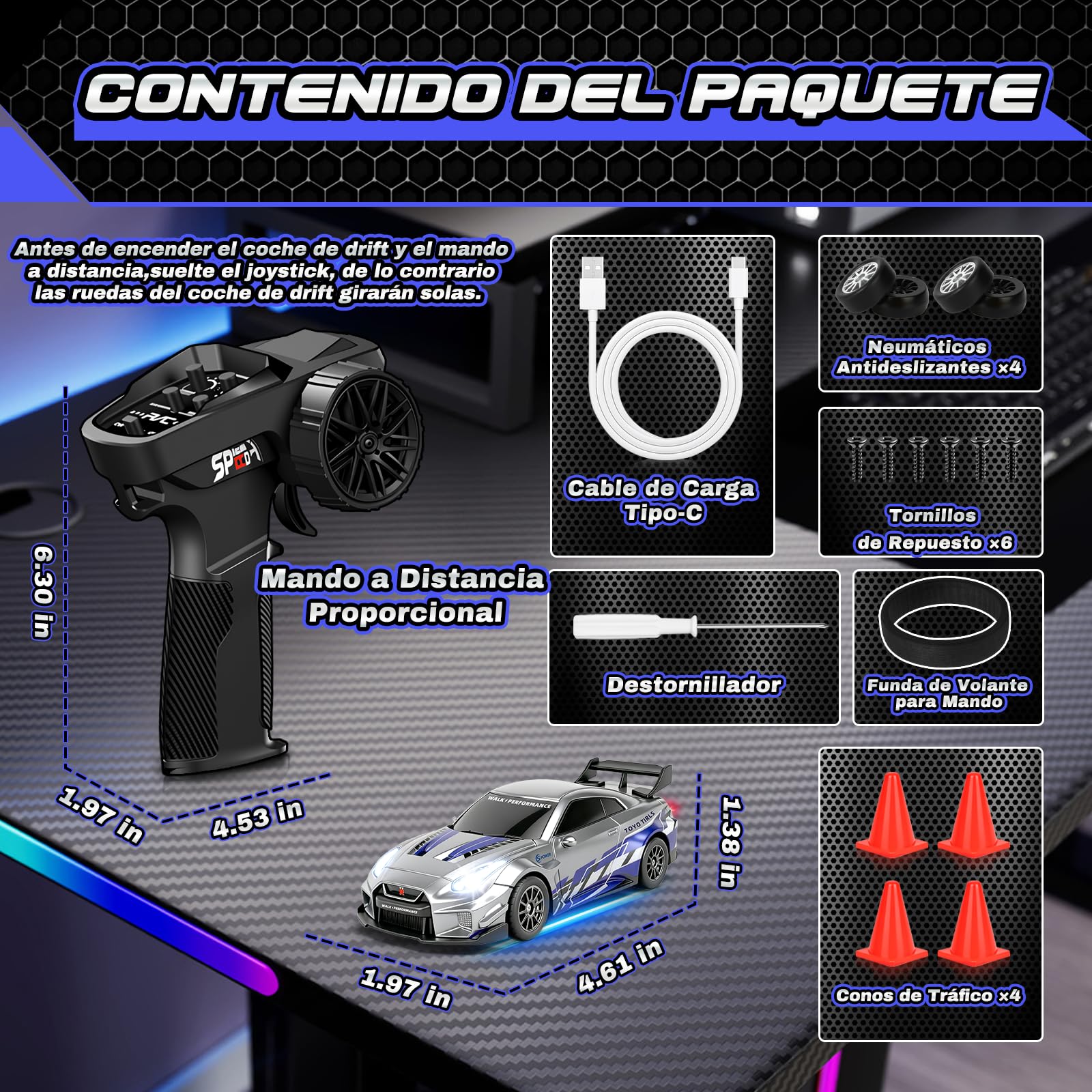 YOOHBERRYS Coche RC Drift Pro, 1:43 Mini RC Drift Car, 4WD Coche Radiocontrol con Giroscopios y Luces LED, 15km/h, Coche Teledirigido de Juguete para Niños de 14+ Años (Gris)