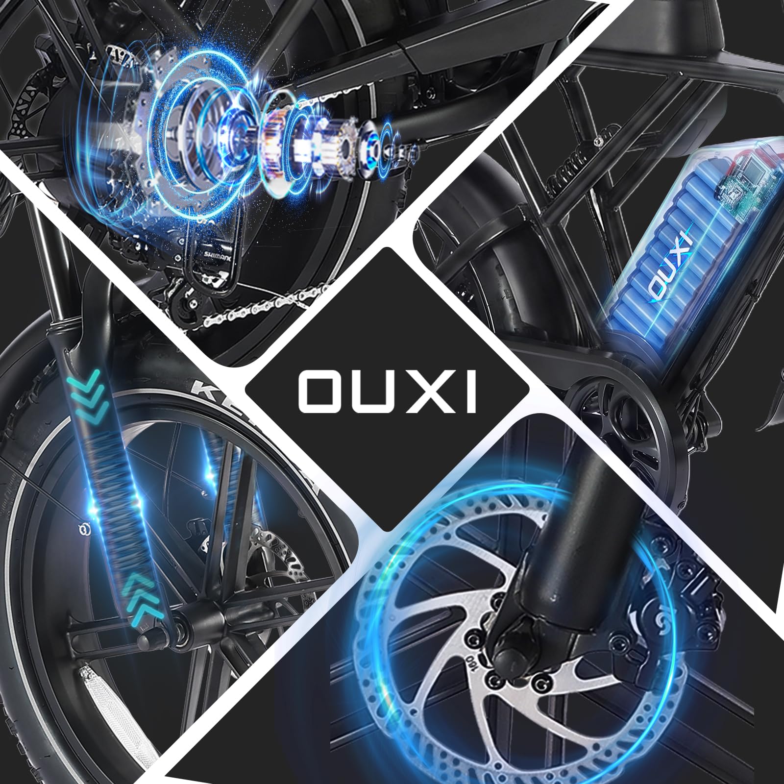 OUXI H9 E-Bike 20 Zoll Fatbike Elektrofahrrad Pedelec, 250W Motor 60Nm, 48V 15Ah Akku 60km, Hydraulische Scheibenbremsen, Vollfederung, Gepäckträger vorne & hinten, mit Blinker