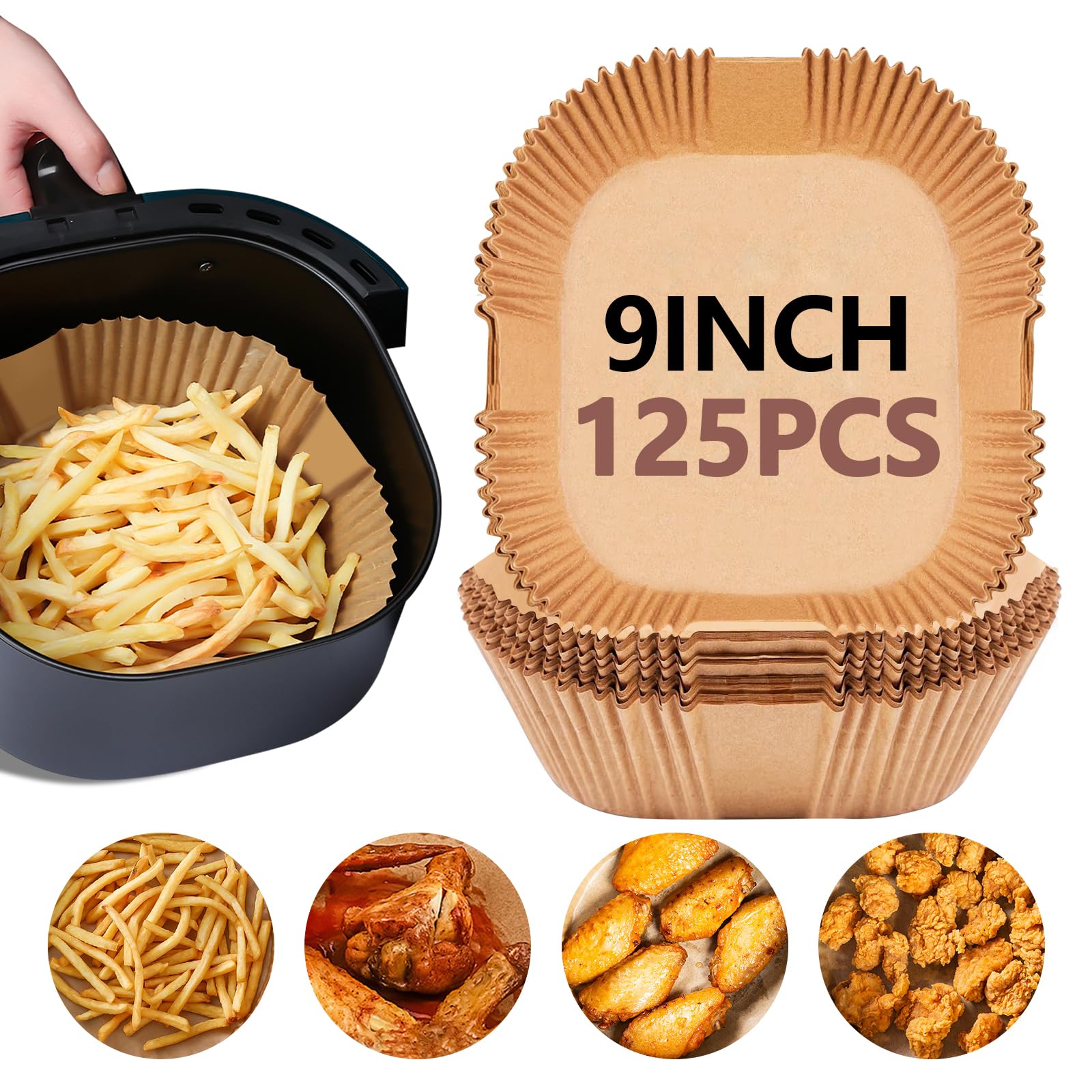 UBeesize 125 Pcs Unbleached Air Fryer Liners 9 Inch, Non-Stick Disposable Parchment Paper Squares for Air Fryer, Microwave, Steamer &amp; Oven – Oil-Proof, Waterproof, Ashesive-Free (8" Bottom)