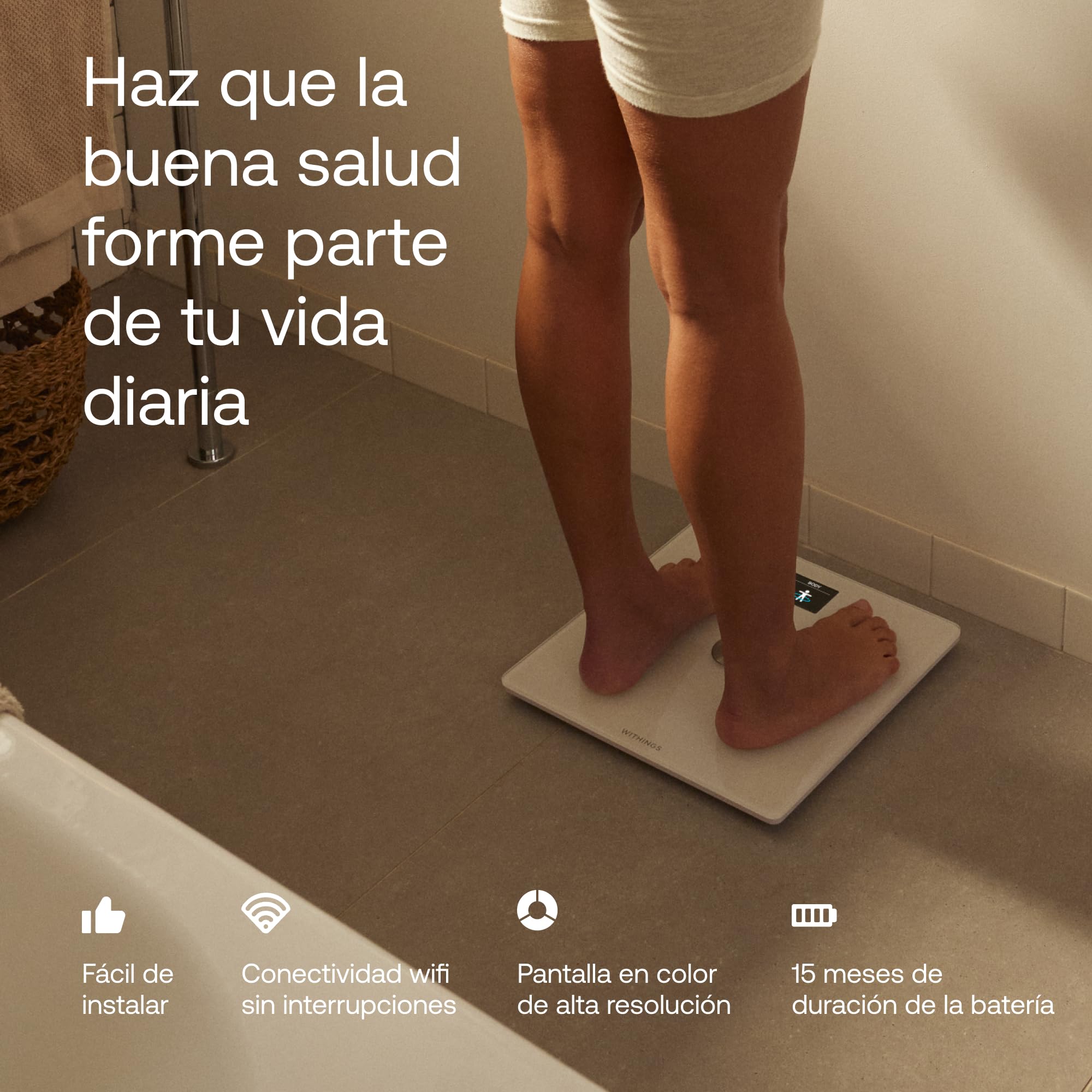Withings Body Smart - Bascula de baño con Composición Corporal Avanzada (Peso, Grasa Corporal, Músculo, Masa Ósea, Agua, Índice de Grasa Visceral), balanza peso corporal WiFi, hasta 8 usuarios