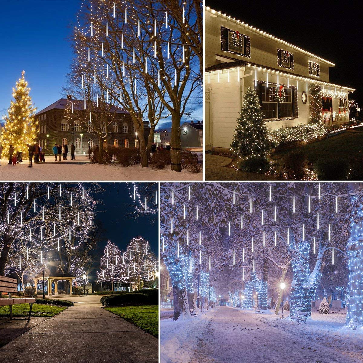 KINGCOO LED Météore Douche Solaire Lumineux Jardin, Etanche Goutte D'eau Chute Cascading 30cm 10 Tubes 360LEDs Décoratif Guirlandes Lumières pour Fête Vacances Noël Décorat (Blanc)