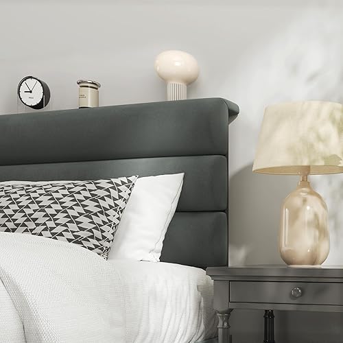 Miniatura 4 de Base de cama tamaño Queen, base de cama de plataforma con cabecera tapizada de terciopelo, no necesita somier, soporte de metal resistente, sin