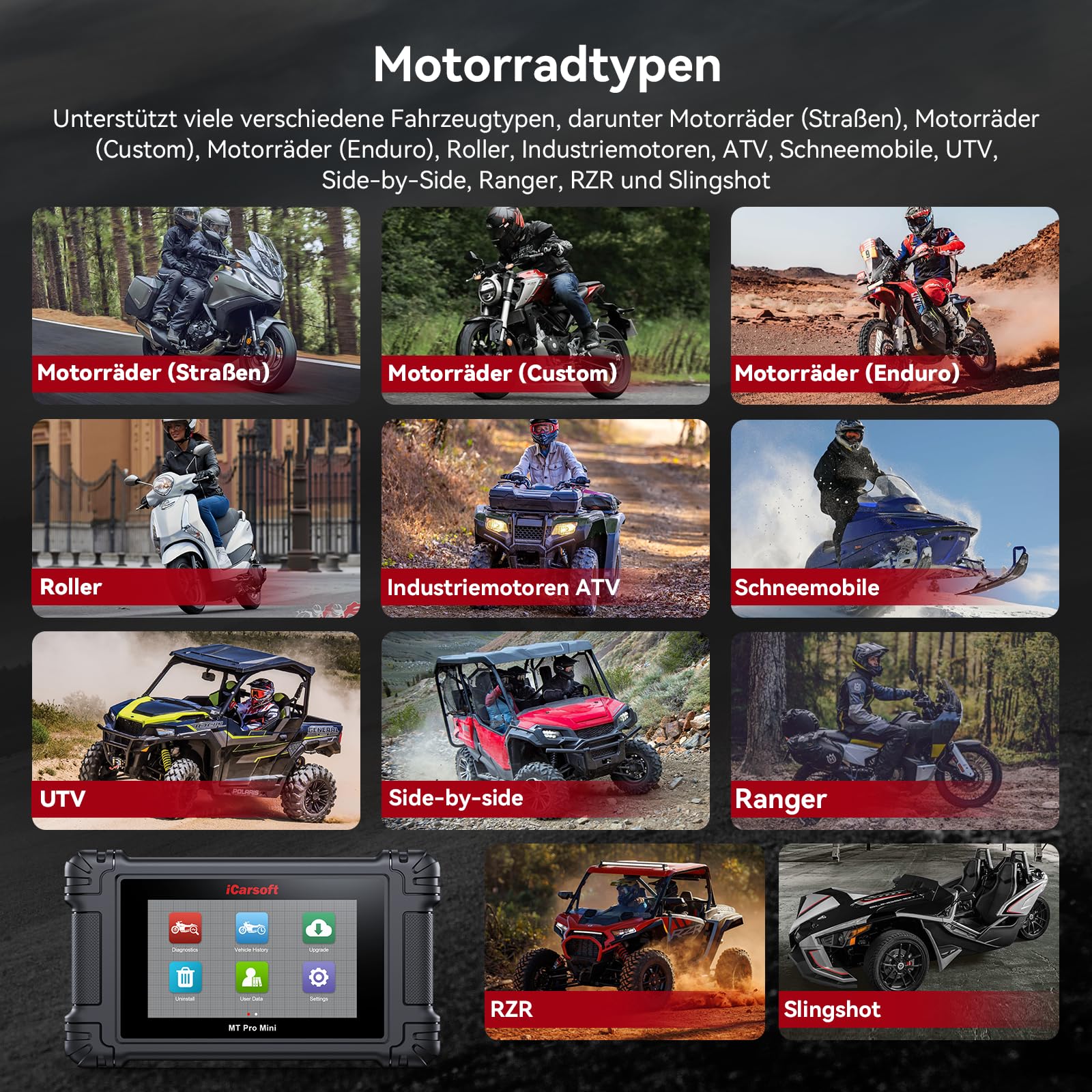 iCarsoft MT Pro Mini Motorrad Diagnosegerät für 21 Marken, OBD2 Diagnosegerät mit Alle Servicefunktionen, Komplettsystem Auslesegerät, Bidirektionaler Test, AutoVIN, Batterietest, Lebenslanges Update