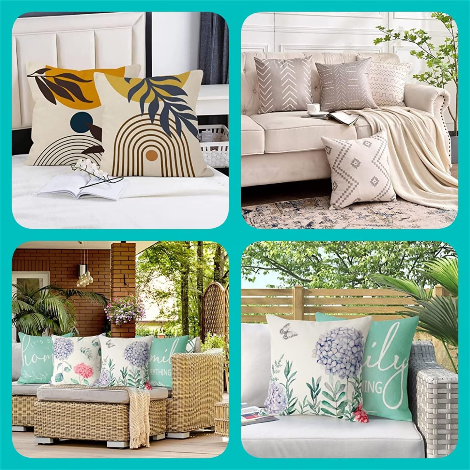 Juego de 4 Fundas Cojines Rosa Funda Cojin 60x60 cm Doble Cara Lino Cojines Cama Decorativos, Exterior Impermeable Funda Cojin con Cremallera Oculta para Patio Jardín Interior Sofá Planta Flor R-351
