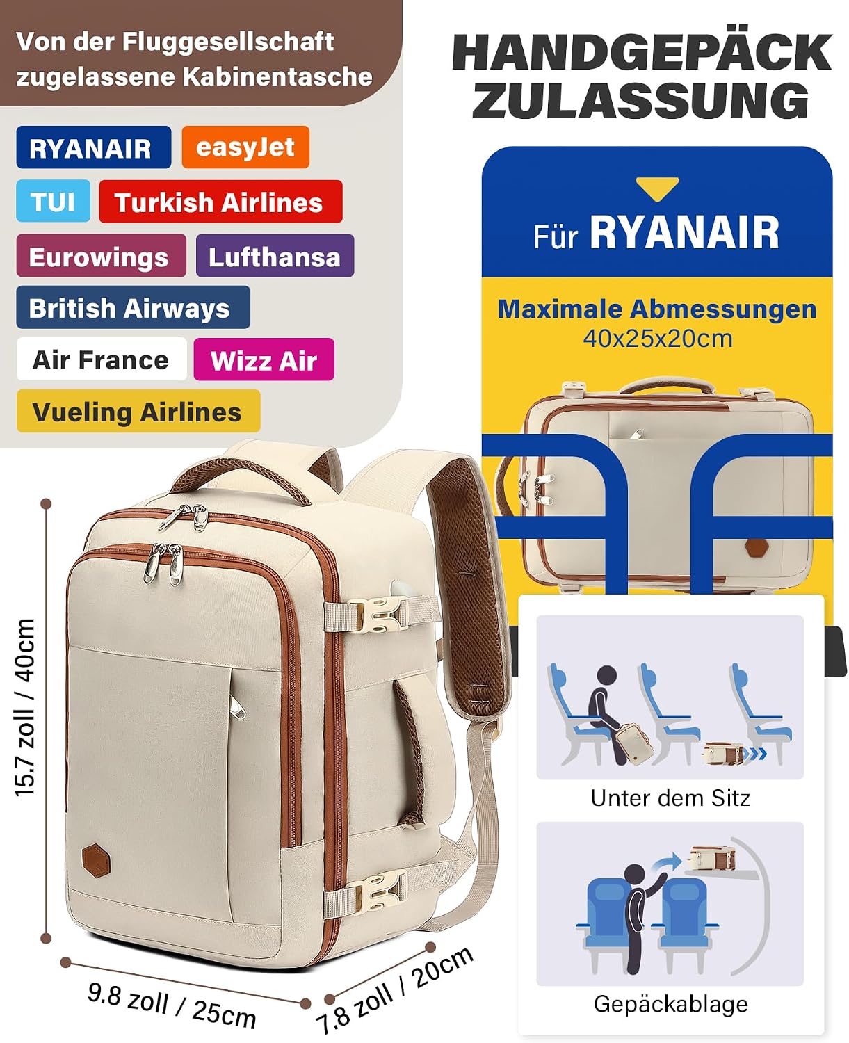 VANKEV Sac à Dos Cabine 40x20x25 Ryanair – 20L Bagage à Main Sous-Siège Ordinateur 14'' Noir