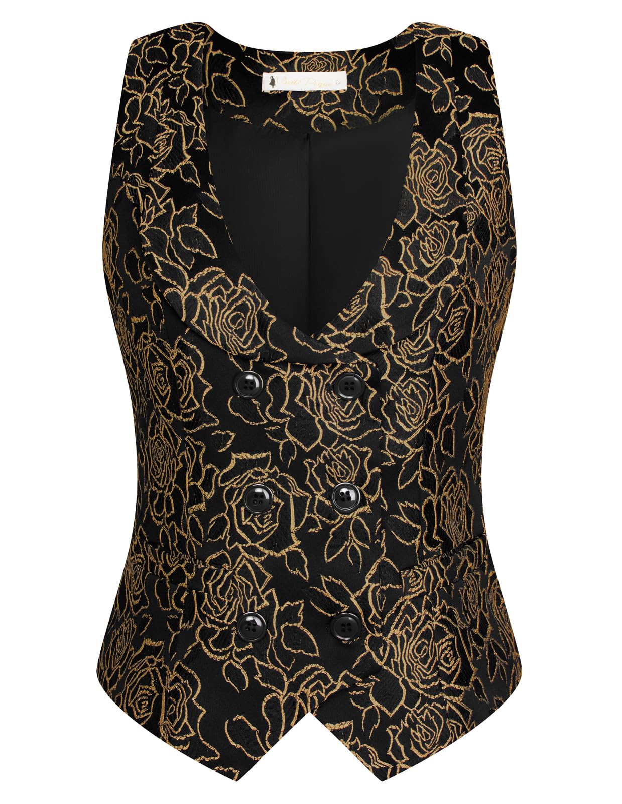 Belle Poque Chaleco vintage de doble botonadura para mujer, cuello en V profundo, dobladillo de pañuelo
