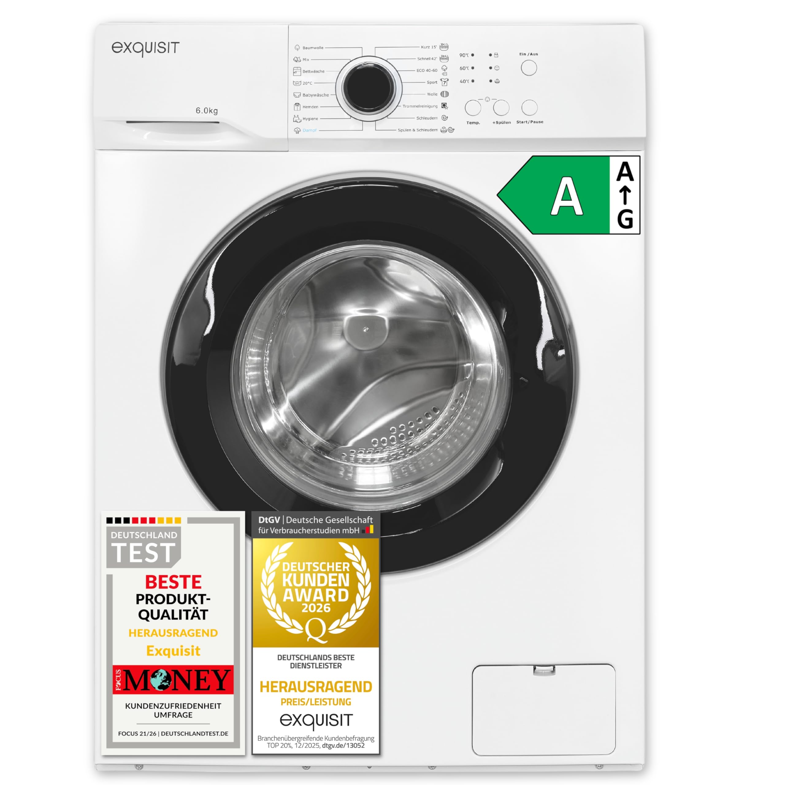 Exquisit Waschmaschine 6 kg Energieklasse A 16 Programme Aquastop 1000 U/min 44 cm Tiefe WA56110-020A Weiss