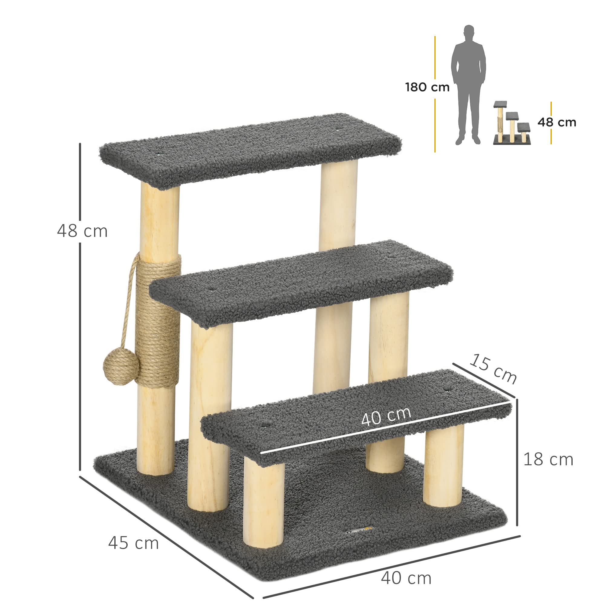 PawHut Katzentreppe 3-stufige Tiertreppe, 48 cm Haustiertreppe mit Sisalsäule, Hundetreppe mit Spielball, Einstieghilfe für hohe Betten, Kiefernholz, Grau+Natur