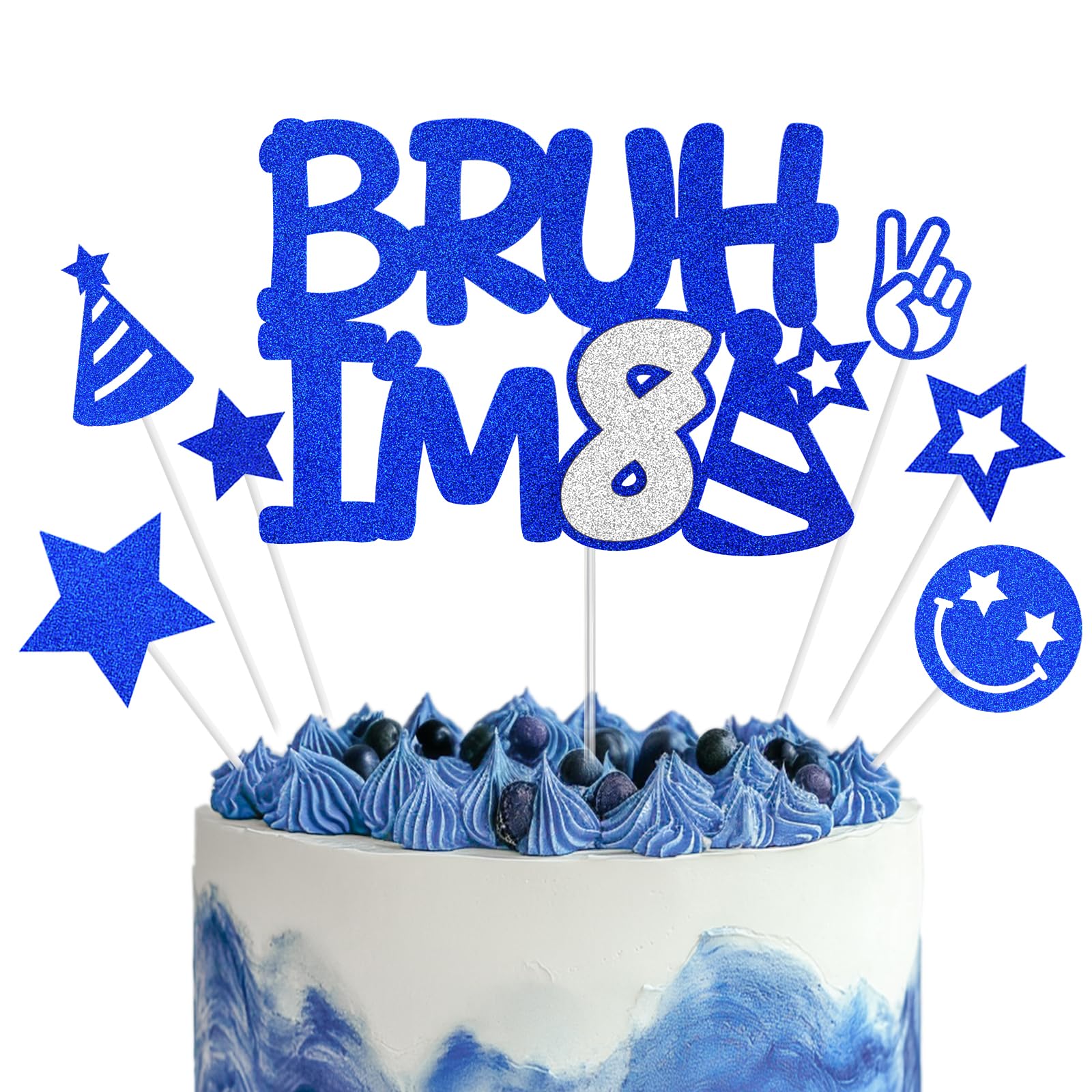 Bruh I'm 8 Cake Topper, Blue Silver Happy 8th Birthday Cake Topper for Boys Girls, 8 Years Old Birthday Party Glitter Cake Decorations, Cake Decor