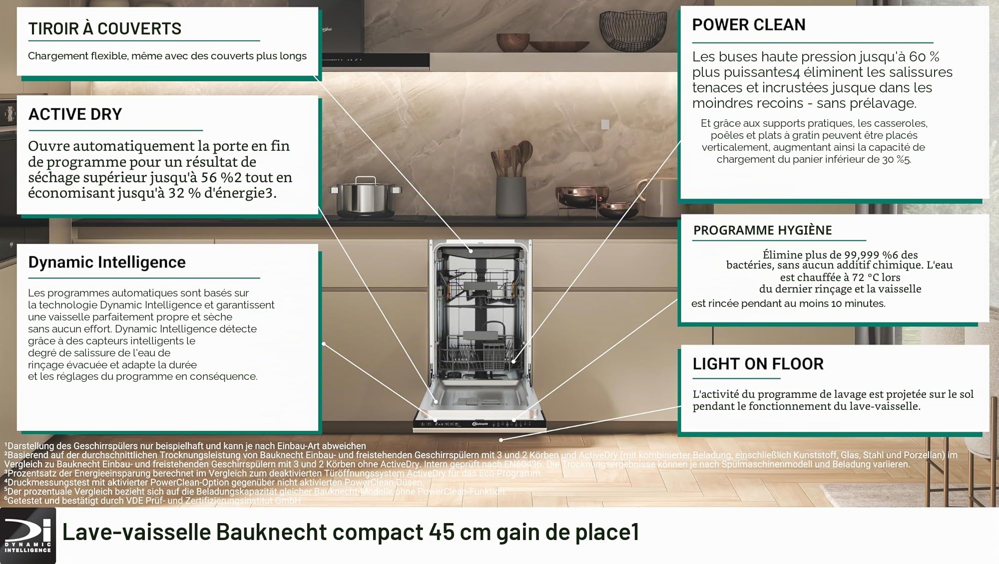 Bauknecht BK6IC11BS7LA0 Lave-vaisselle entièrement intégré (45 cm), ActiveDry, programme capteur, PowerClean, tiroir à couverts, programme d'hygiène, protection complète de l'eau, lumière sur sol