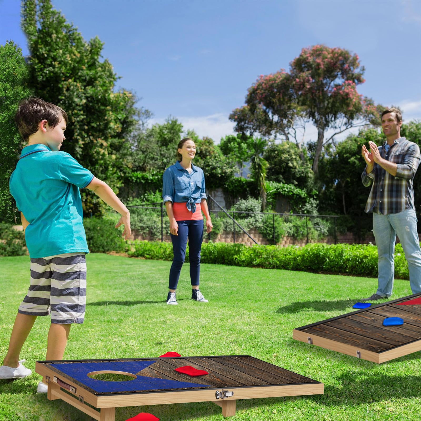 NZQXJXZ Juego de Cornhole de Madera Maciza - 120 x 55 cm Tablas de Cornhole Plegables con 8 pufs y una Bolsa de Transporte, Juegos portátiles de Lanzamiento de pufs para Adultos y Familia