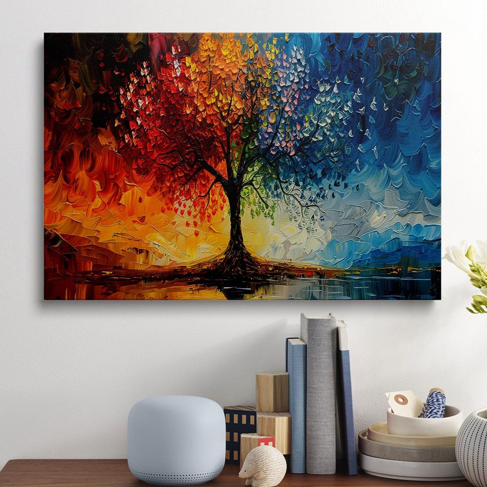 CAOXTART Drzewo życia, sztuka ścienna, abstrakcyjny kolorowy obraz na płótnie na cztery pory roku, tęczowa grafika, do dekoracji domu, plakaty i nadruki (20 x 30 cm, ramka wewnętrzna)