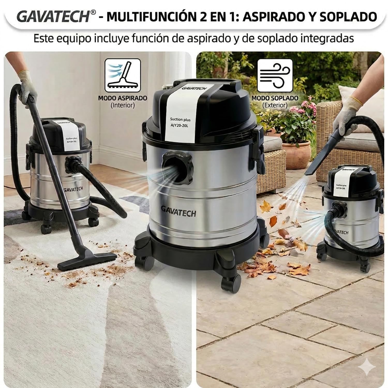 Aspiradora Multifunción,solidos y liquidos, 20L, 1250W, con 4 Cepillos y numerosos Accesorios. Aspiradora de humedo y seco. Funciona con Bolsa y sin Bolsa. Funcion de succion y de soplado.