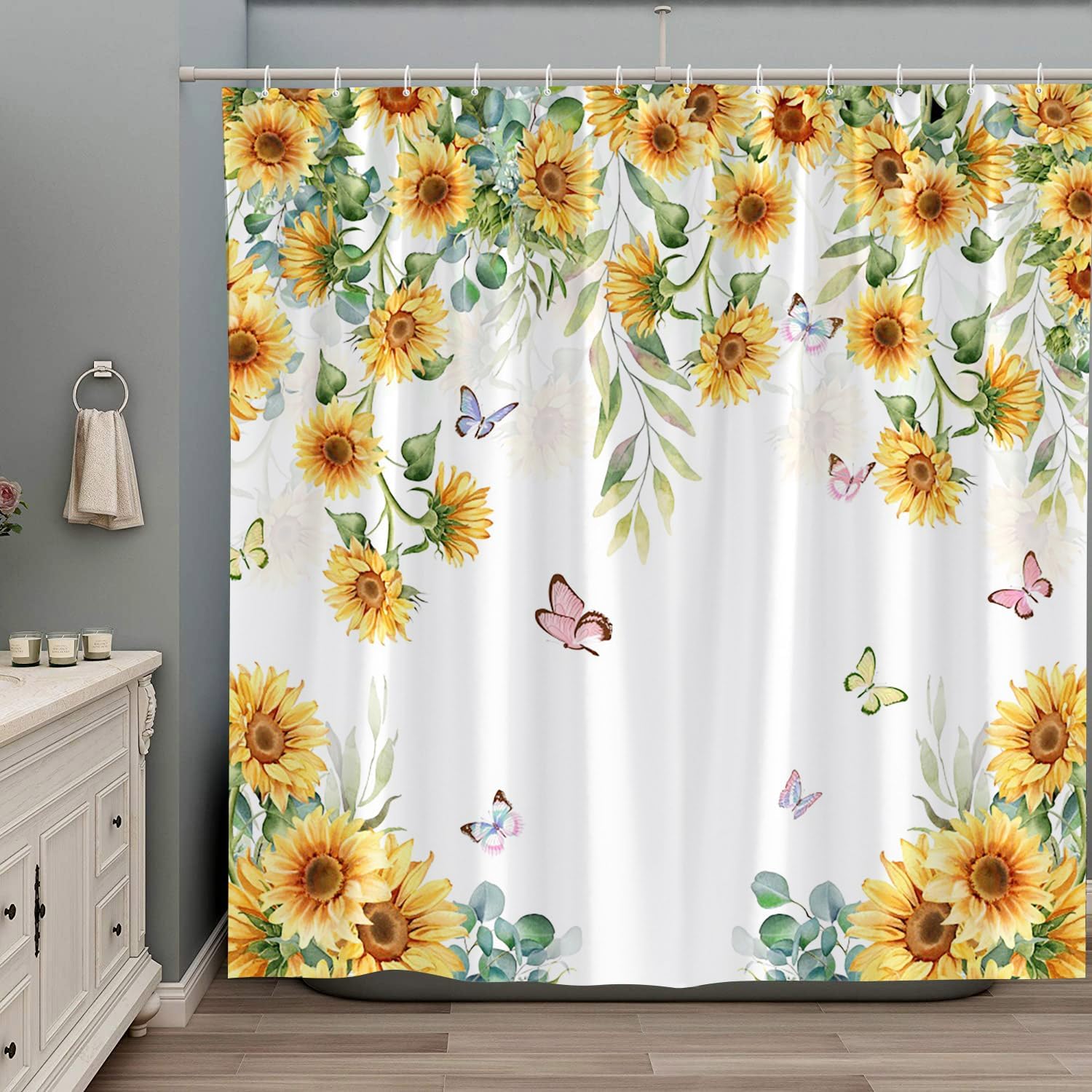 Fall Sunflower Shower Curtain Autumn Thanksgiving Harvest Day Rustic Floral Yellow Flower Butterfly Farmhouse Green Leaves Country Fabric Bath Decor Set with Hooks 70Wx70H Inch