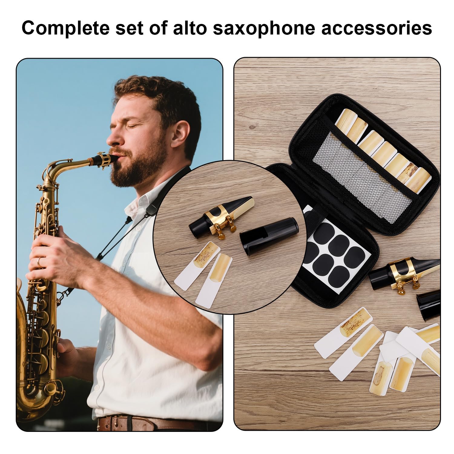 Ensemble de 49 Pièces de Rechange pour Saxophone Alto, Pièces et Accessoires Comprenant 1 Bec, 21 Anches Saxophone 2,5, 24 Coussinets Bec, 1 Housse en Plastique et 1 Étui Rangement en EVA.