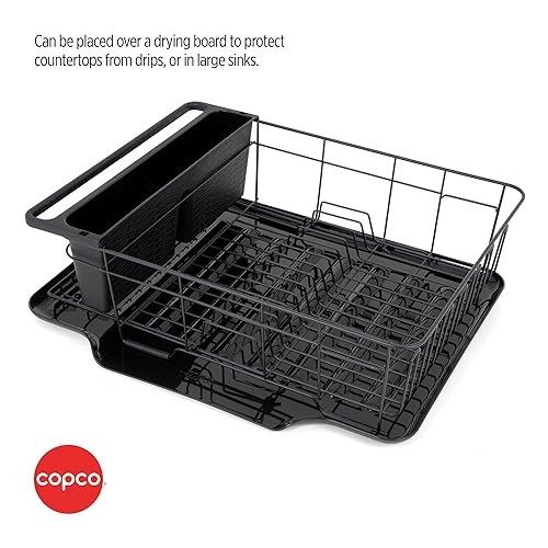 Miniatura 5 de Copco Escurridor de platos negro de gran capacidad con tabla de cortar deslizante para mantener las tablas en su lugar y organizador de cubiertos