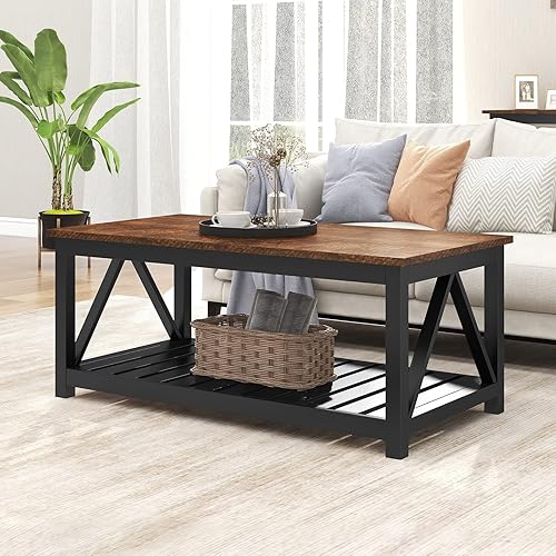 ChooChoo Mesa de centro de granja, mesa rústica vintage para sala de estar con estante, 40 gris