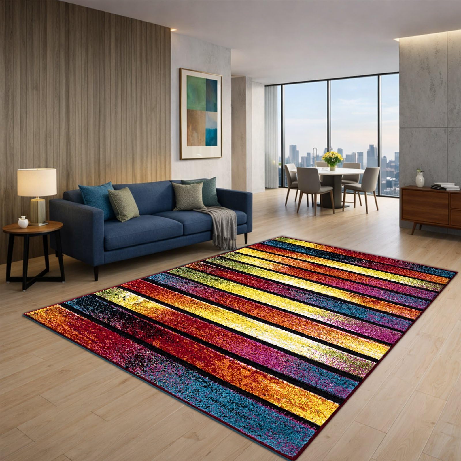 renoazul® Multi Colour Area Rugs for Living Room, Hallway, Bedroom and Office, 200 x 290 cm, Stripes, Soft Thick Pile Fluffy Thick Plush Polypropylene Carpet — image 1
