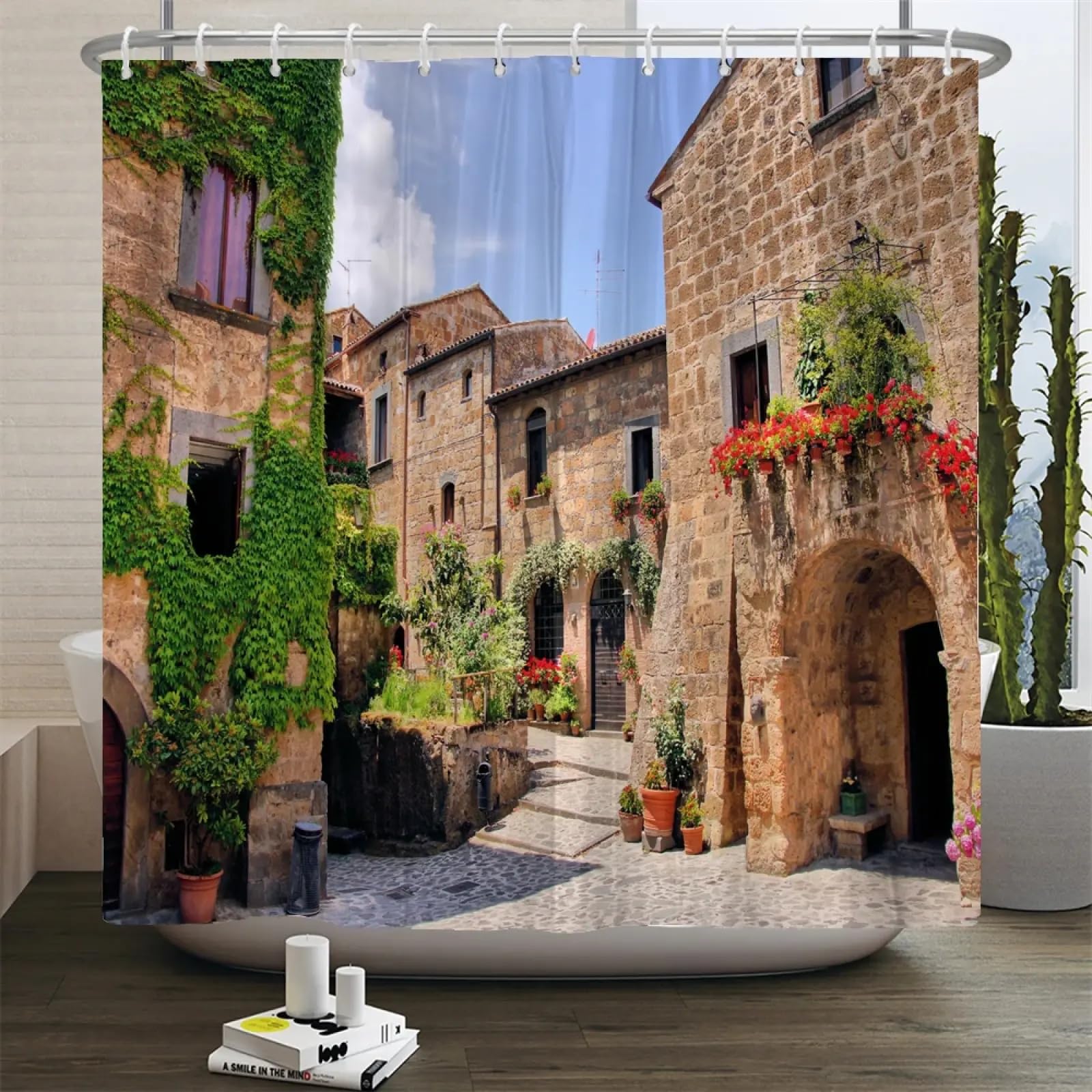 Rideau de douche tissu polyester imperméable 220x183 motif floral ville