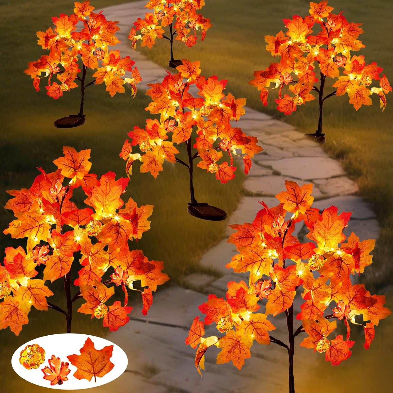 2 Pack Fall Solar Lights Outdoor Decorative with 8 Lighting Modes, 40LED Pumpkin Maple Trees Fall Decor, IP65 Waterproof Solar Stake Lights for Yard Pathway Patio Halloween Thanksgiving Decorations