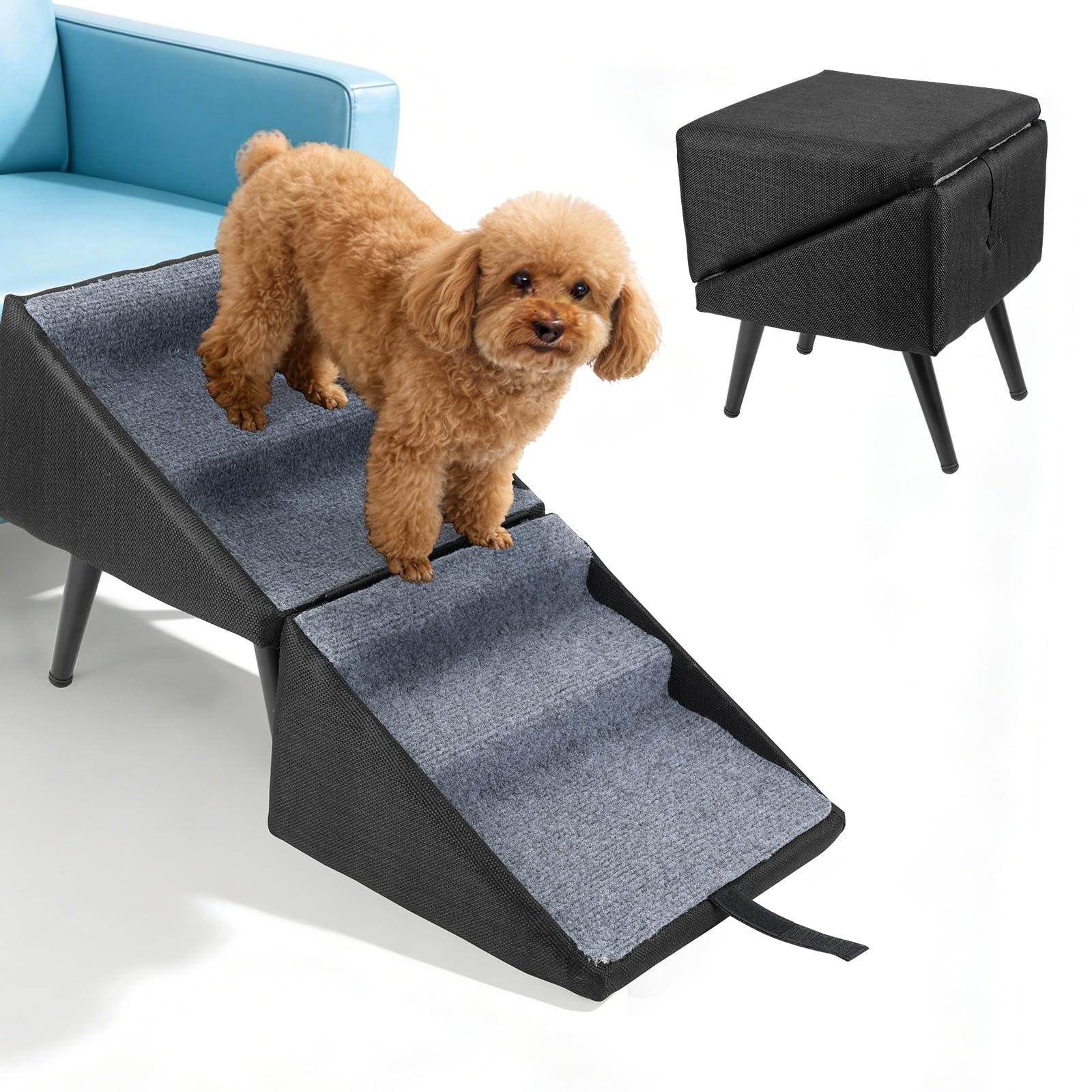 Escalier Pliable pour Chien et Chat Petite Taille, Marchepied Antidérapant | Revêtement en Coton et Lin, Pieds en Métal Stables, Escalier Pliable pour Canapé et Lit, Cadre en Bois, 74,5 × 27,5 × 34 cm