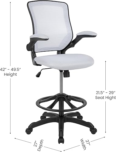 Miniatura 3 de Flash Furniture Kale Silla de dibujo ergonómica de malla blanca con respaldo medio  Anillo de pie ajustable, brazos abatibles