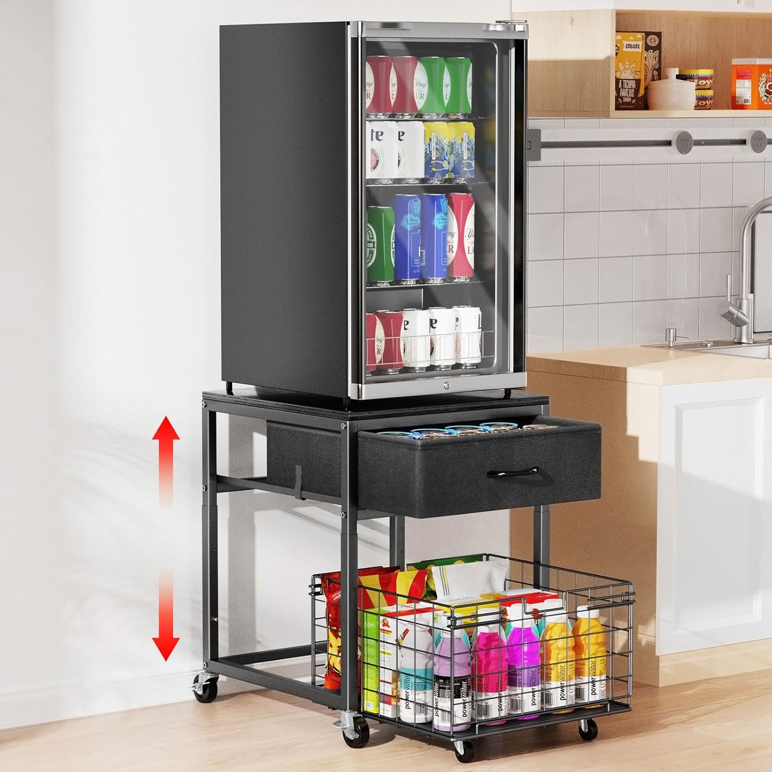 Housolution Mobile Mini Fridge Stand with Storage, Height-Adjustable Mini Beverage Fridge Table, Coffee Bar, 200 lbs Heavy-Duty Compact Refrigerator Shelf with Rolling Cabinet for Kitchen Home, Black