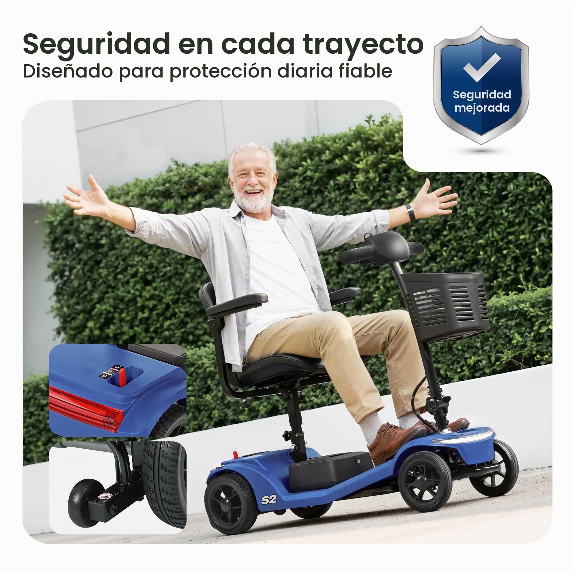 El scooter plegable S2 de movilidad para personas mayores cuenta con un asiento cómodo, manillar ajustable, batería extraíble y puerto de carga USB, con una capacidad de carga máxima de 150 kg.(azul)