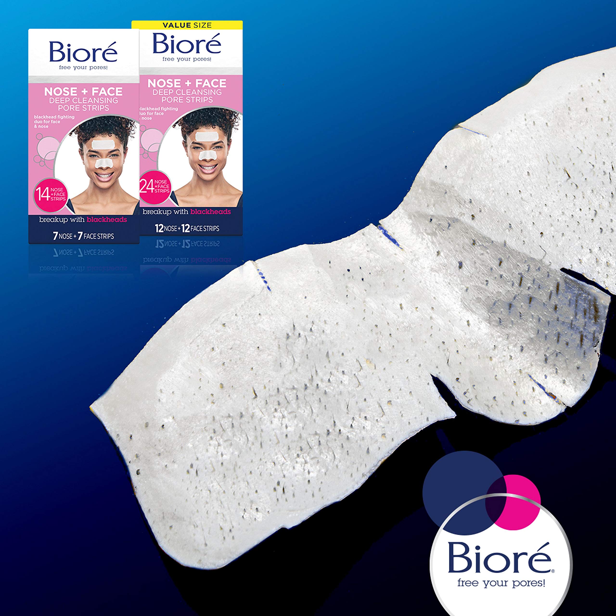 Bioré Nose+Face, Blackhead Remover Pore Strips, 12 Nose + 12 Face Strips for Chin or Forehead