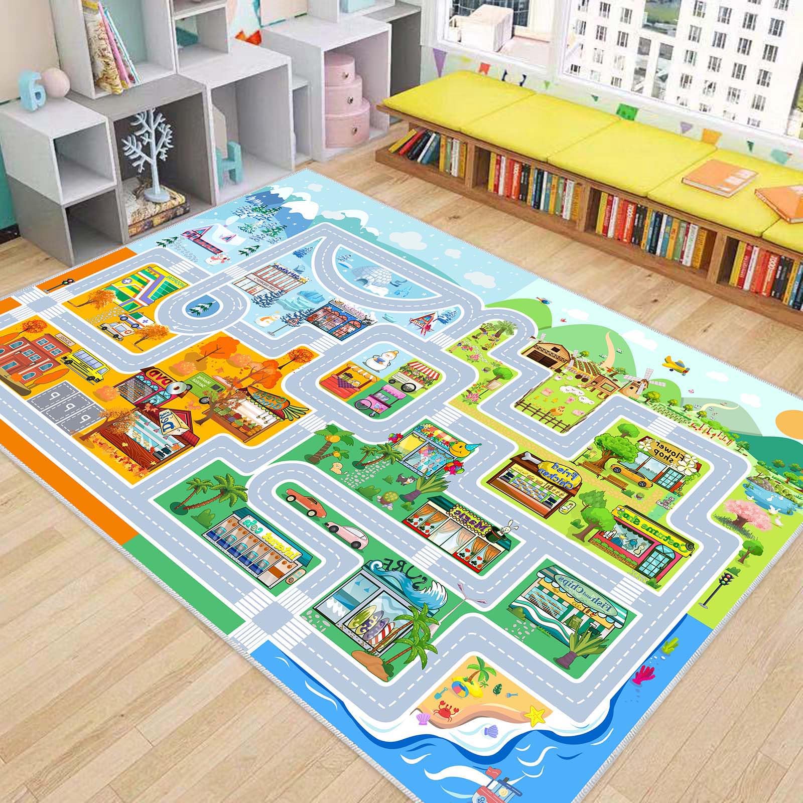 Fuzorise Town car Toy Four Seasons Road map Suitable for Bedroom, Rectangular Washable Non-Slip Kids Rug for Girls Bedroom and Boys Bedroom, Educational Area Rug for Nursery Room Classroom.