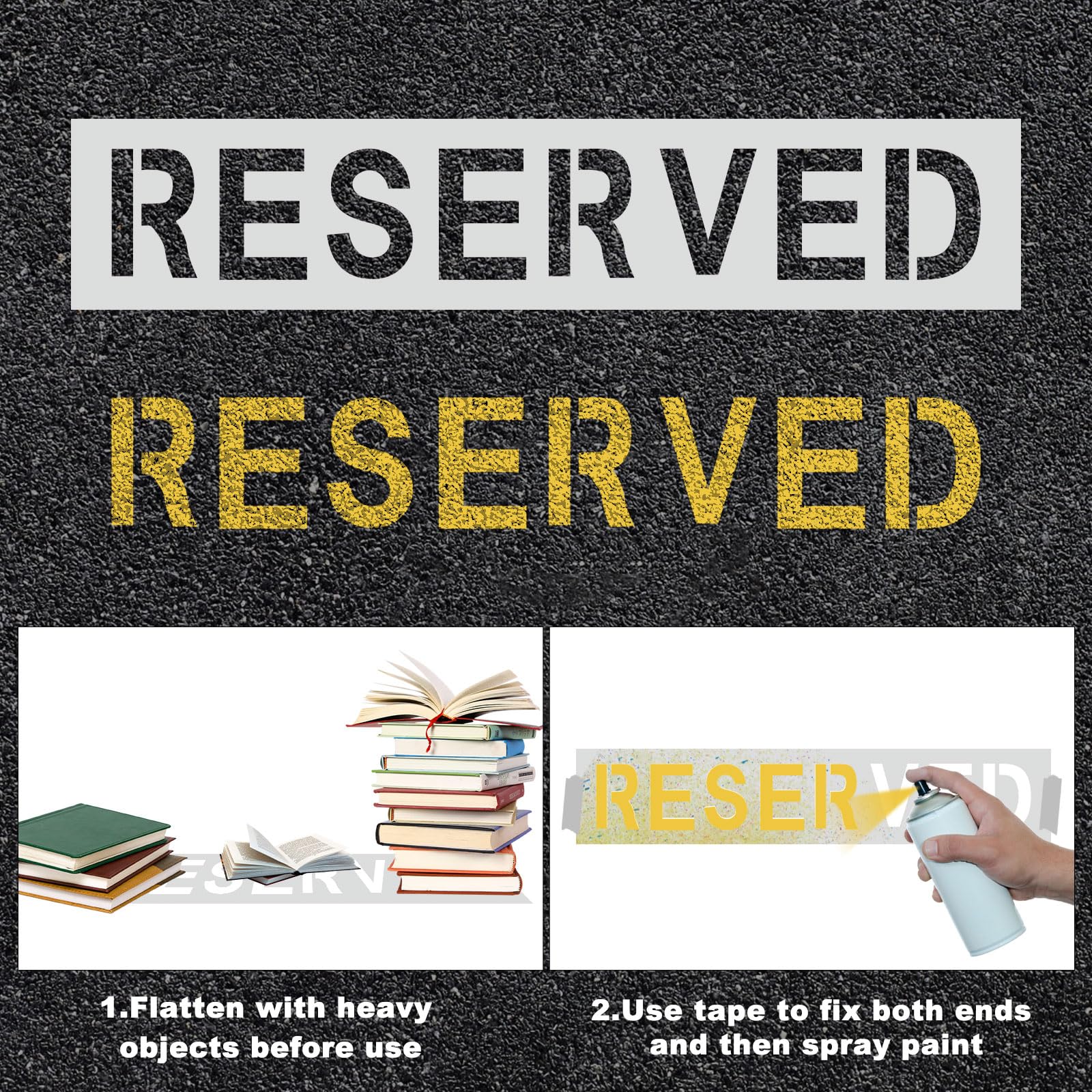 2 stencil con scritta "Reserved", 73 x 15 cm, con scritta "Reserved Parking Sign", per pittura a spruzzo, riutilizzabile, modello riservato per parcheggio, cemento, cordolo e asfalto