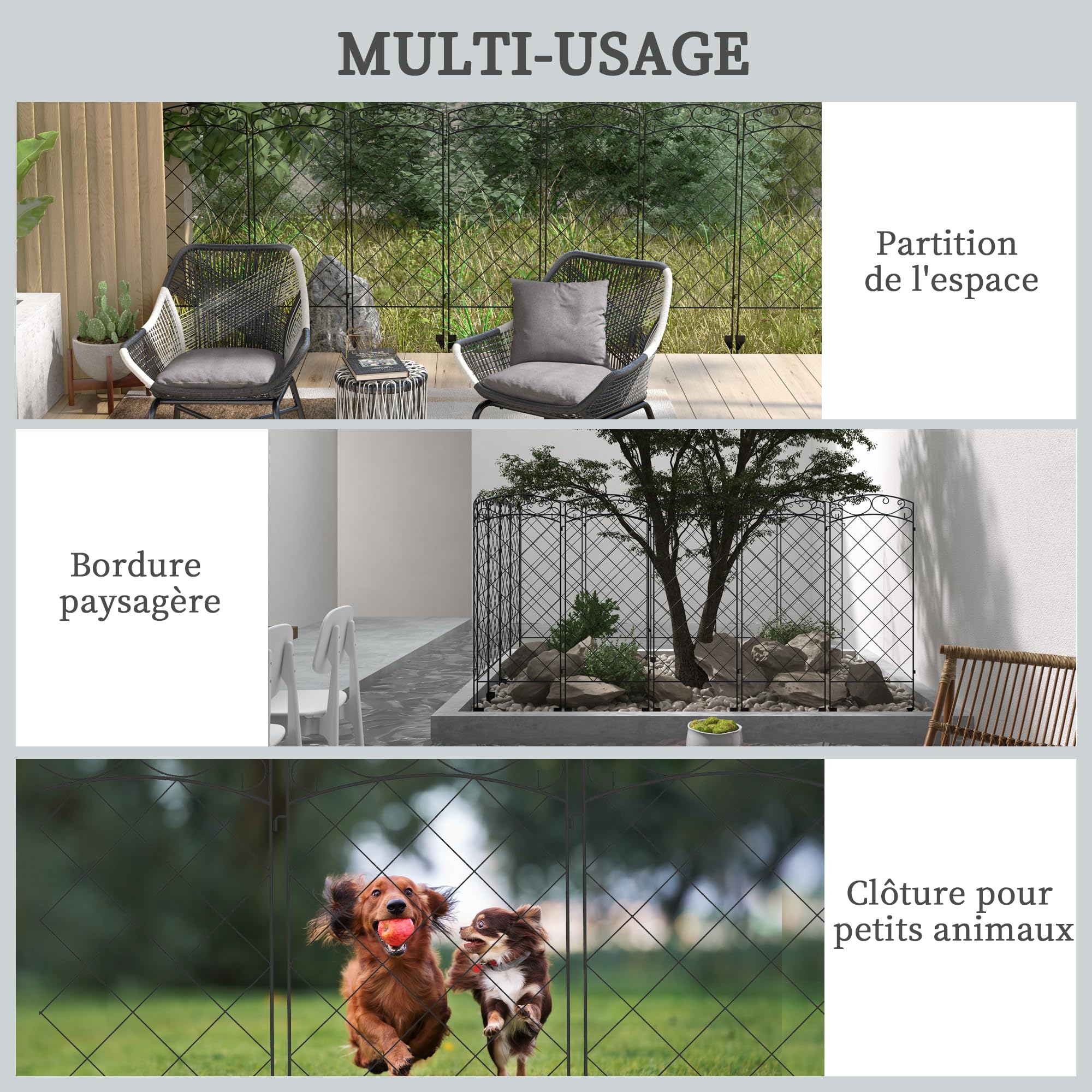 Outsunny Lot de 7 Clôtures de Jardin Décoratives Métal 344L x 110H cm Noir | avec Ornements, Clôture Jardin Extérieur