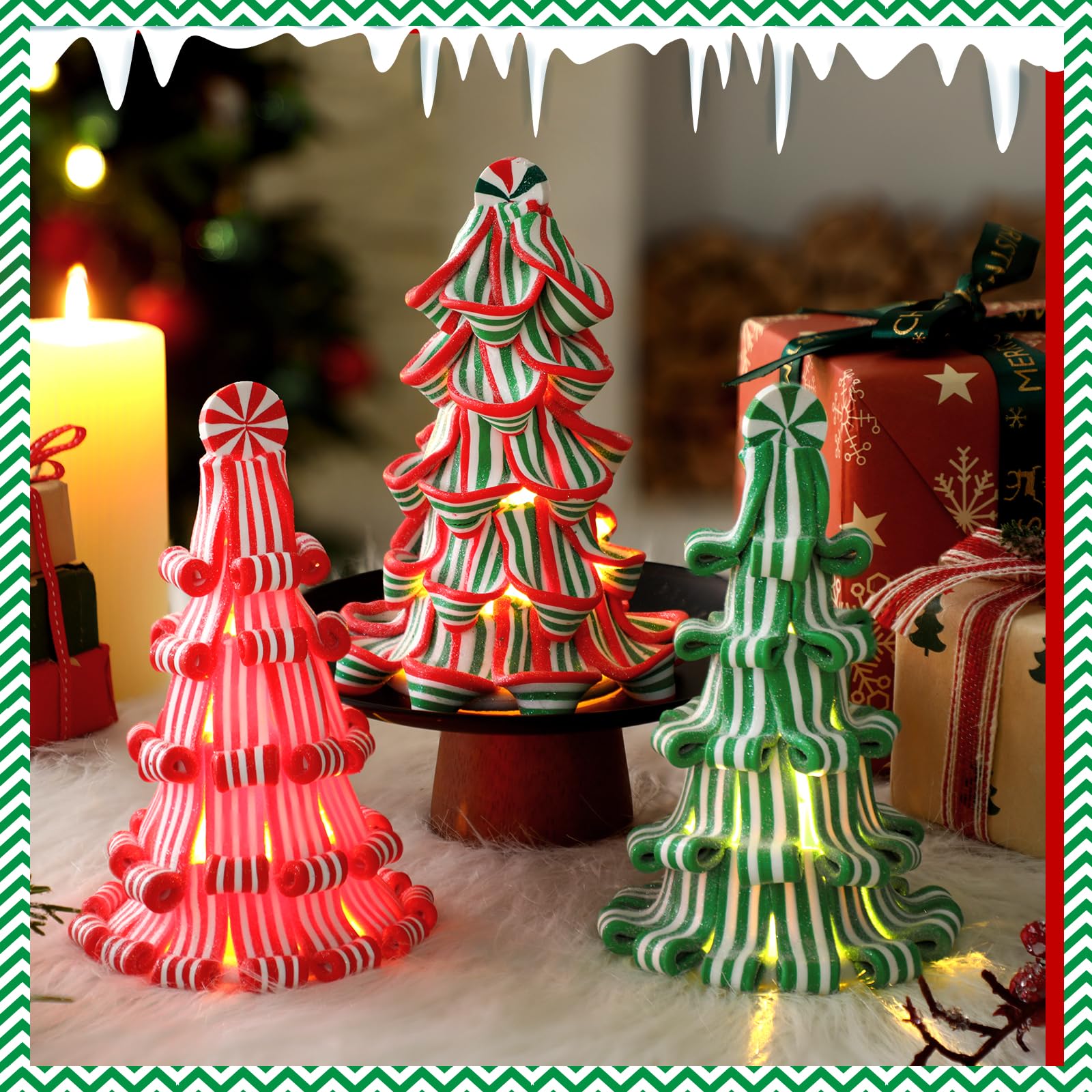 Suzile Lot de 3 rubans de Noël pour décoration de table de 17,8 cm - Mini sapin lumineux en résine argile menthe poivrée pour décoration de table de Noël (rouge, vert, rose, blanc)
