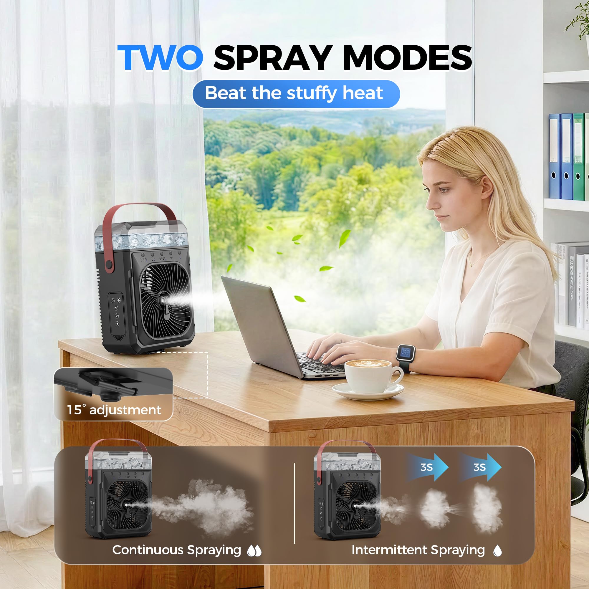 Ventilador de nebulización recargable portátil, máximo 40 horas de funcionamiento, ventilador de aire acondicionado de refrigeración de escritorio de caída de -15.0 °C, ventilador de niebla de agua y