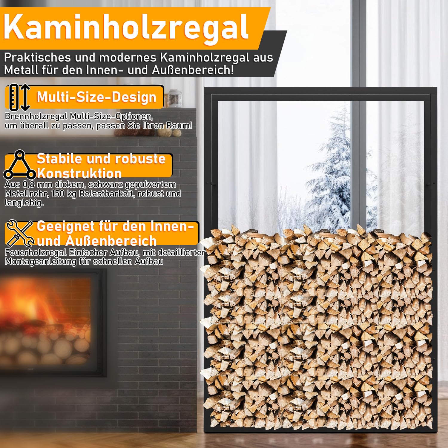 Ikodm Estantería de madera para chimenea - Metal - 100 x 25 x 150 cm - Almacenamiento de leña - Cobertizo exterior - Negro