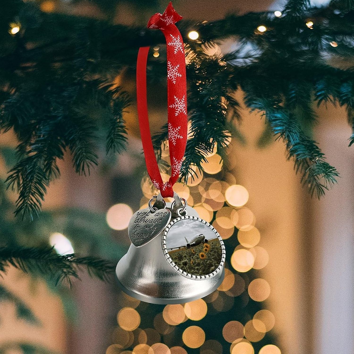 Plane Flies to Sunflower Field Christmas Bells Ornaments Tree Jingle Bells Decors Xmas Silver Bell Hanging Decoration Pendants for Weddings Parties Christmas Wreaths