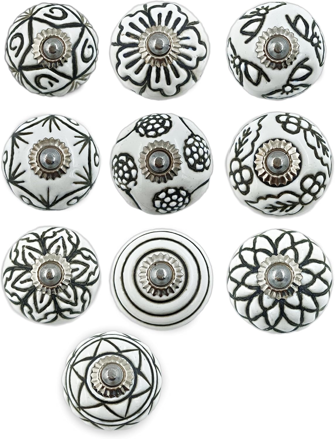 Set of 10 Ceramic Cabinet Colorful Knobs for Kitchen, Cabinet, Drawer, Wardrobe (Black and White)