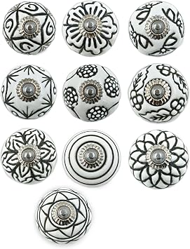 Set of 10 Ceramic Cabinet Colorful Knobs for Kitchen, Cabinet, Drawer, Wardrobe Black and White