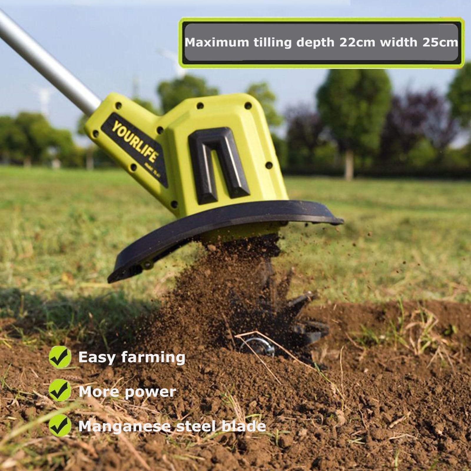 Rotavator elettrico senza fili per giardino, larghezza di lavoro di 23 cm, profondità di lavoro 23 cm, coltivatore di terreno da 20 V, coltivatore con interruttore di sicurezza