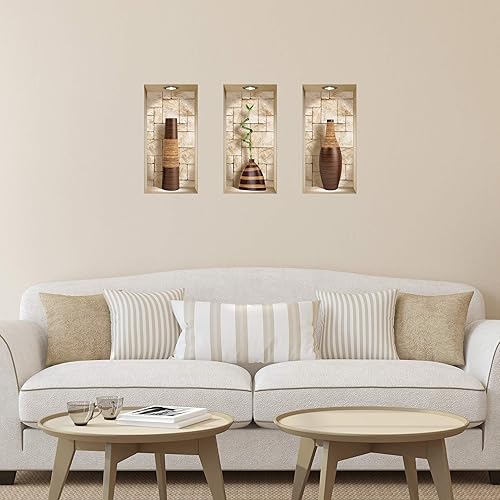 Miniatura 5 de The Nisha Paquete de 3 calcomanías de vinilo 3D extraíbles para pared, diseño mágico, para despegar y pegar, para salpicaduras, piedras marrones,