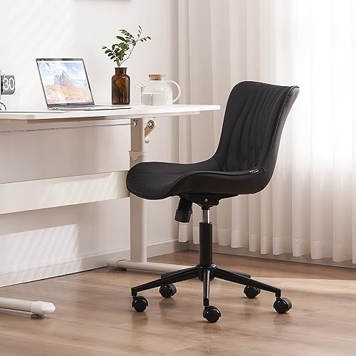 Miniatura 35 de YOUTASTE Silla de oficina marrón, moderna silla de escritorio sin brazos con respaldo, silla giratoria ajustable de piel sintética con ruedas, base