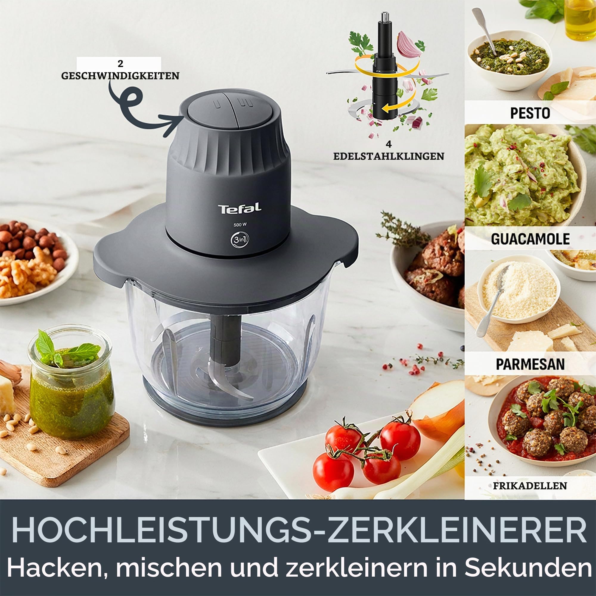 Tefal Choppeo XXL Zerkleinerer Kapazität, 2L Glasschüssel, Küche Mini Küchenmaschine, Anti-Rutsch-Matte, Aufbewahrungsdeckel für Reste, 2 Geschwindigkeiten, 500W, Hummus, Gemüse, Grau MB603BG1