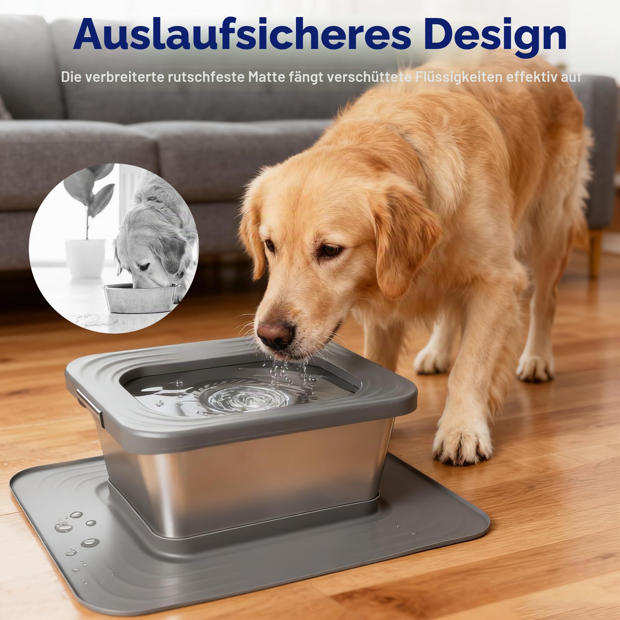 Bostar 10L Wassernapf Hund Ohne Sabbern mit XXL Silikonmatte/Ersatzfilter, Edelstahl Trinknapf Anti Schlabber Wasserspender für Mittelgroße/Große Hunde, Spülmaschinenfest