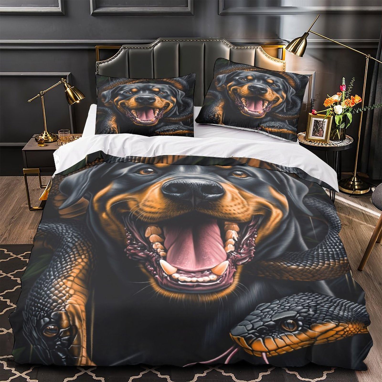 Housse de couette Rottweiler 3D respirante avec parure de lit microfibre 200x200cm pour ado