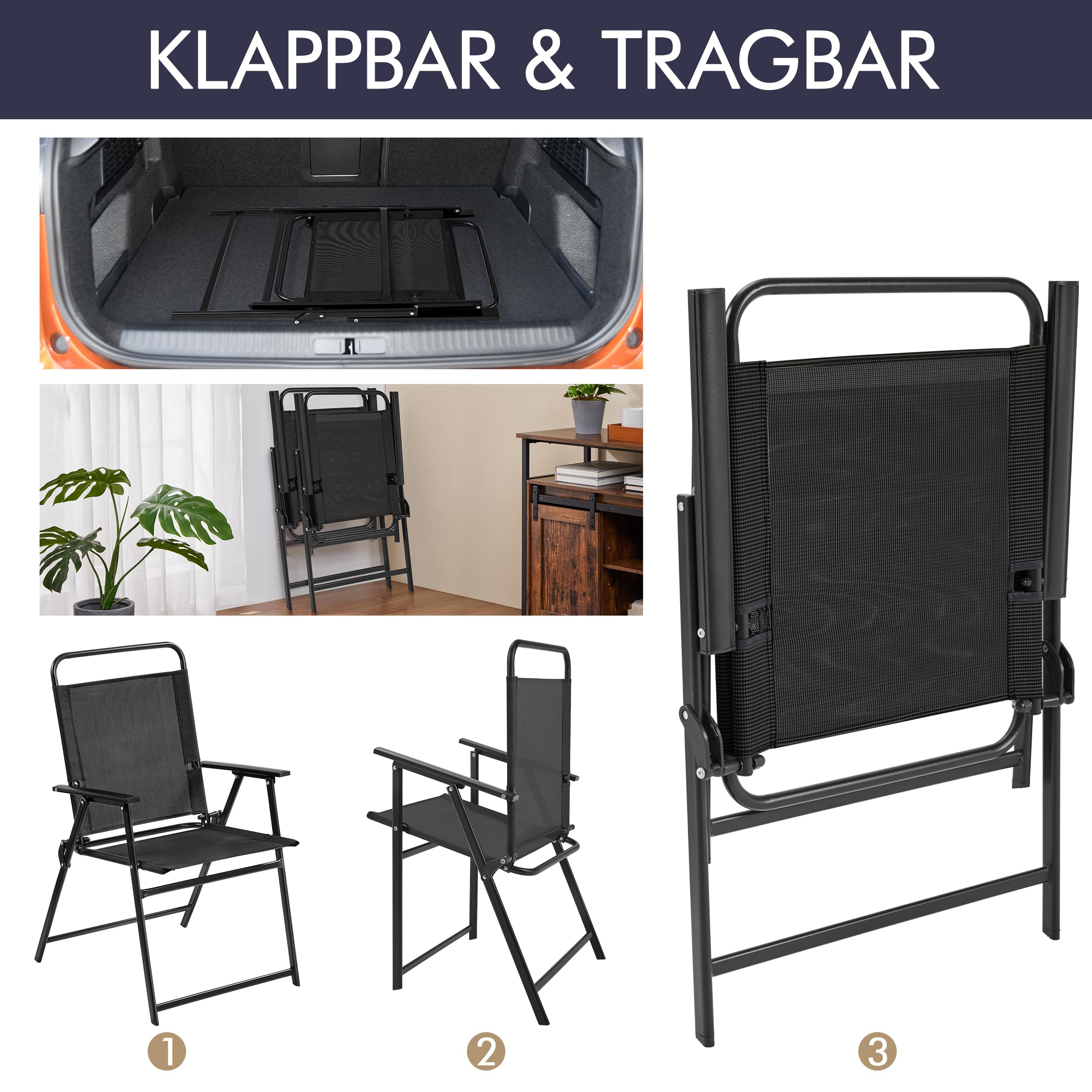 Yaheetech Set di 4 sedie pieghevoli da giardino, con schienale alto e braccioli, capacità di carico fino a 100 kg, colore: nero